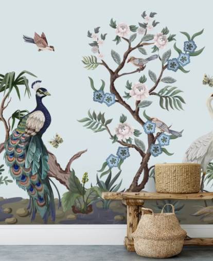 Pfau, Reiher und Phesant blaue Chinoiserie-Tapete