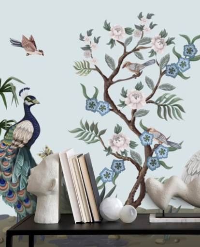papel de parede pavão, garça e phesant blue chinoiserie