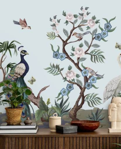 Papel pintado de chinoiserie azul pavo real, garza y fesán
