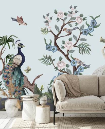 pauw, reiger en phesant blauw chinoiserie behang