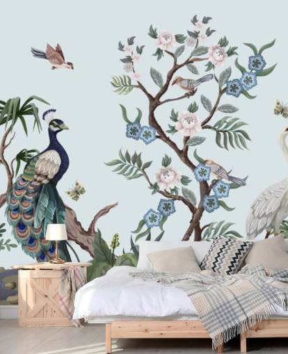påfågel, häger och phesant blå chinoiserie tapeter