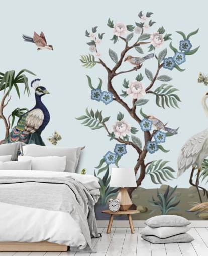 Pfau, Reiher und Phesant blaue Chinoiserie-Tapete