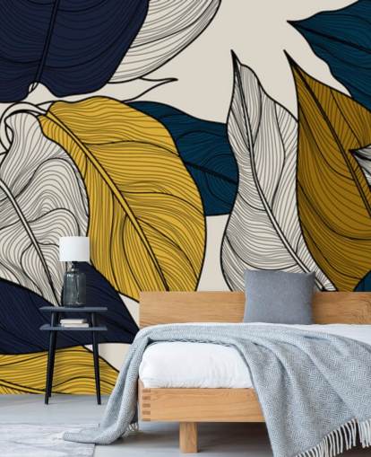 Marineblau, weiße und gelbe Blätter Papiertapete