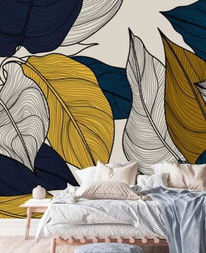 marineblauw, wit en geel bladerenbehang marineblauw, wit en geel bladerenbehang