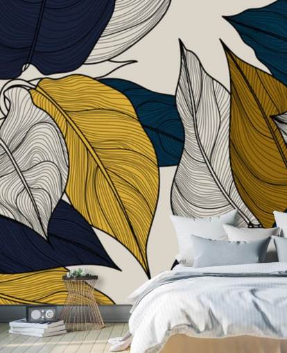 papier peint feuilles bleu marine, blanc et jaune