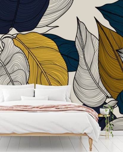 papel de parede de folhas marinhas, brancas e amarelas