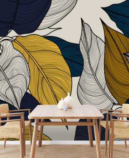 papel de parede de folhas marinhas, brancas e amarelas