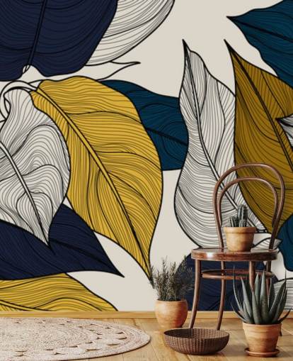 navy, white and yellow leaves wallpaper