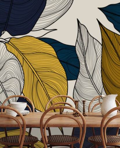 navy, white and yellow leaves wallpaper
