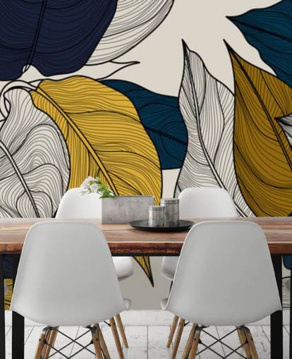 navy, white and yellow leaves wallpaper