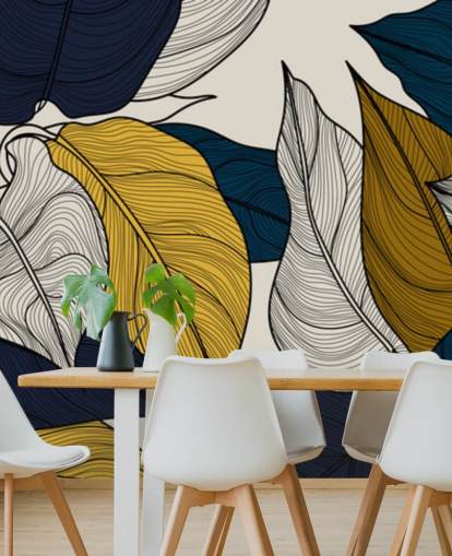 papier peint feuilles bleu marine, blanc et jaune