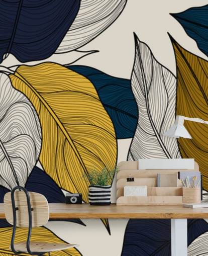 marineblauw, wit en geel bladerenbehang marineblauw, wit en geel bladerenbehang