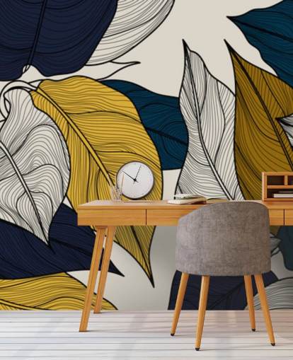 navy, white and yellow leaves wallpaper