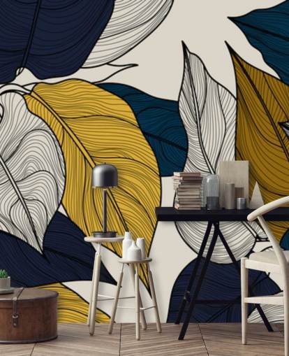 papier peint feuilles bleu marine, blanc et jaune
