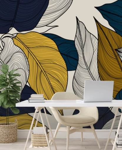 papel de parede de folhas marinhas, brancas e amarelas