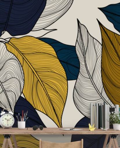 papel de parede de folhas marinhas, brancas e amarelas