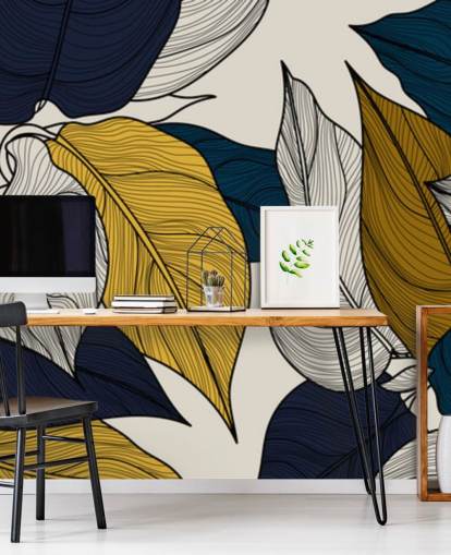 papier peint feuilles bleu marine, blanc et jaune