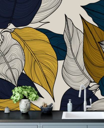 papel de parede de folhas marinhas, brancas e amarelas