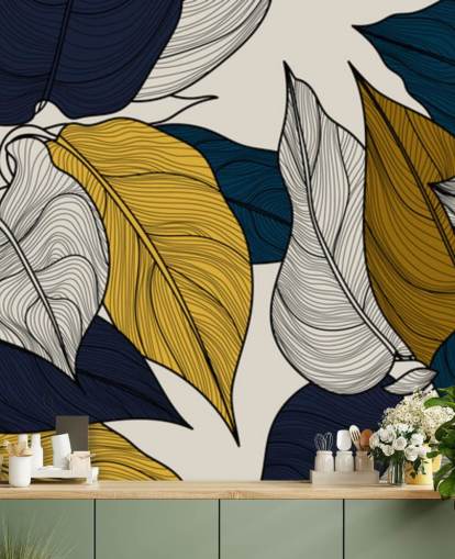 papel pintado hojas azul marino, blanco y amarillo