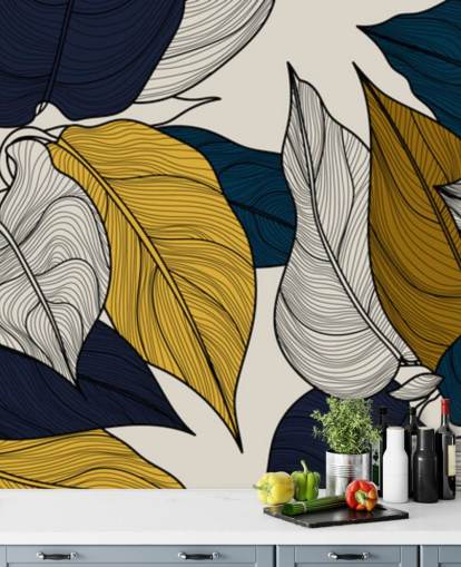 papel de parede de folhas marinhas, brancas e amarelas