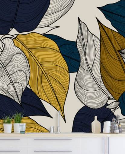 navy, white and yellow leaves wallpaper