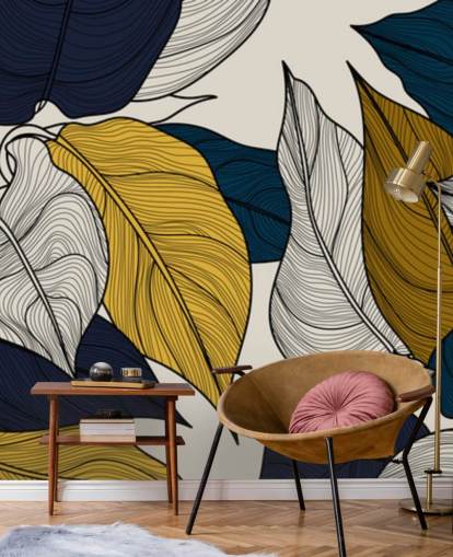 papel de parede de folhas marinhas, brancas e amarelas papel de parede de folhas marinhas, brancas e amarelas