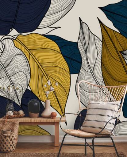 papier peint feuilles bleu marine, blanc et jaune