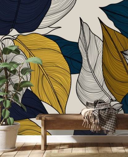 marineblauw, wit en geel bladerenbehang