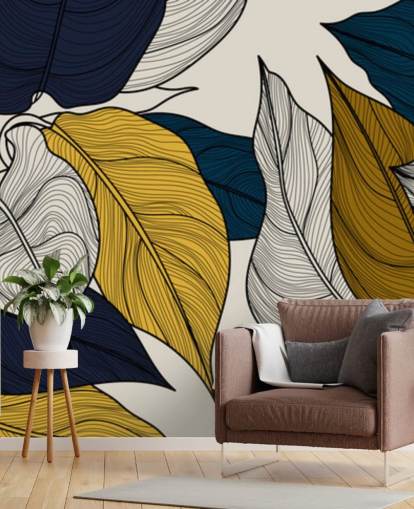 marineblauw, wit en geel bladerenbehang marineblauw, wit en geel bladerenbehang