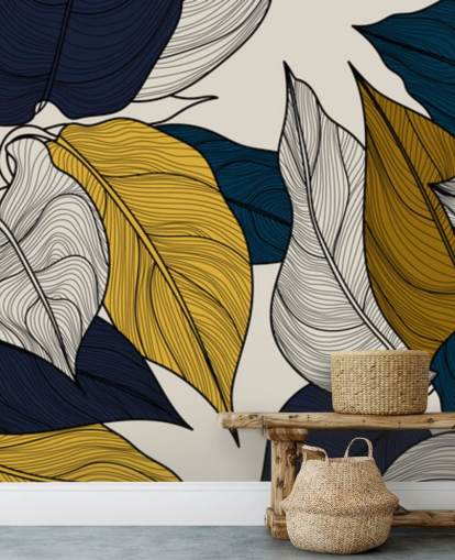 papier peint feuilles bleu marine, blanc et jaune