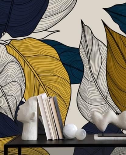 papier peint feuilles bleu marine, blanc et jaune