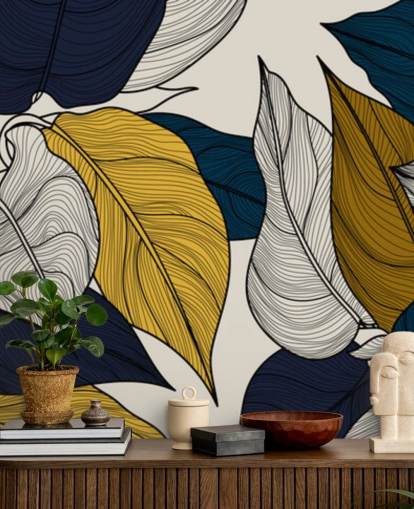 papier peint feuilles bleu marine, blanc et jaune papier peint feuilles bleu marine, blanc et jaune