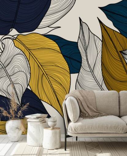 papier peint feuilles bleu marine, blanc et jaune
