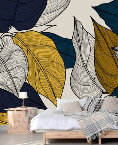 marineblauw, wit en geel bladerenbehang