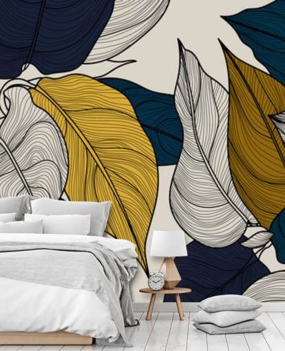 marineblauw, wit en geel bladerenbehang