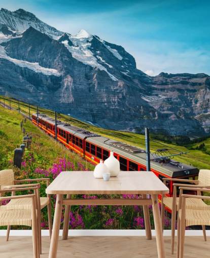 tren eléctrico rojo pasando por los alpes suizos fondo tren eléctrico rojo pasando por los alpes suizos fondo