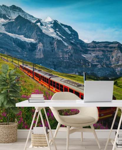 red electric train going through swiss alps wallpaper