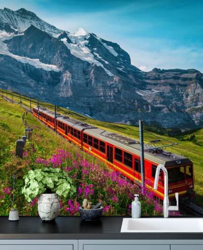 tren eléctrico rojo pasando por los alpes suizos fondo tren eléctrico rojo pasando por los alpes suizos fondo