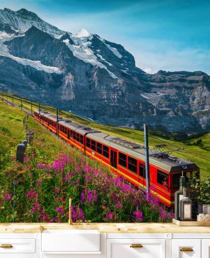 red electric train going through swiss alps wallpaper