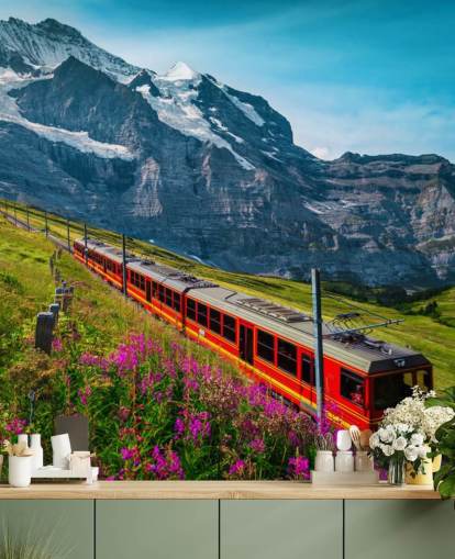 red electric train going through swiss alps wallpaper