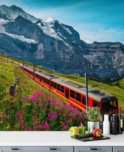 trem elétrico vermelho passando por Alpes suíços papel de parede trem elétrico vermelho passando por Alpes suíços papel de parede