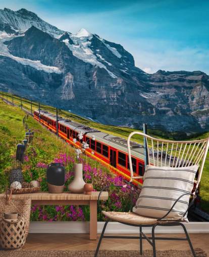 sfondo treno elettrico rosso che attraversa le alpi svizzere