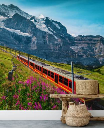 red electric train going through swiss alps wallpaper