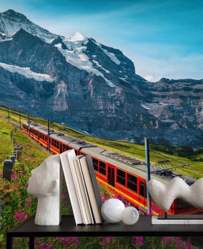 sfondo treno elettrico rosso che attraversa le alpi svizzere