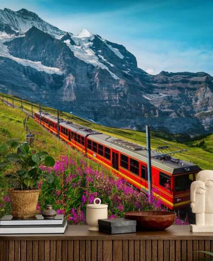tren eléctrico rojo pasando por los alpes suizos fondo