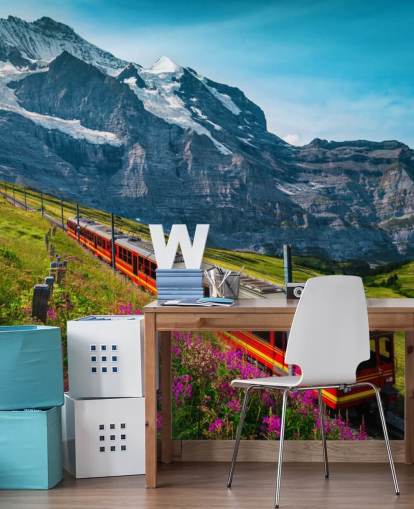 tren eléctrico rojo pasando por los alpes suizos fondo