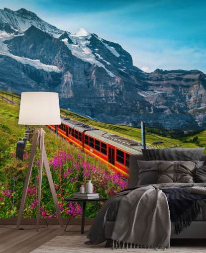 tren eléctrico rojo pasando por los alpes suizos fondo