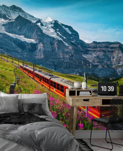 tren eléctrico rojo pasando por los alpes suizos fondo