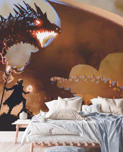 fire breathing dragon and wizard wallpaper