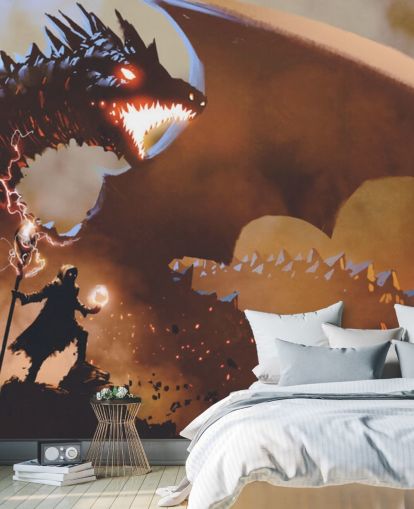 fire breathing dragon and wizard wallpaper